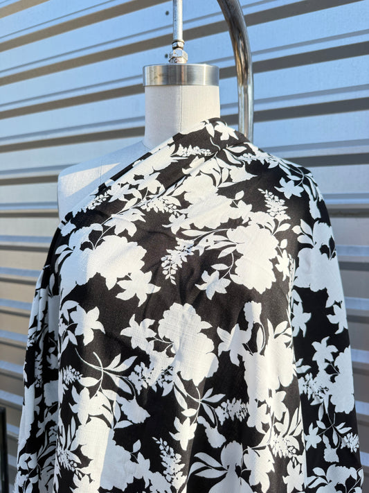 Black White Floral Textured Rayon Spandex Challis Woven "Shadow Garden"
