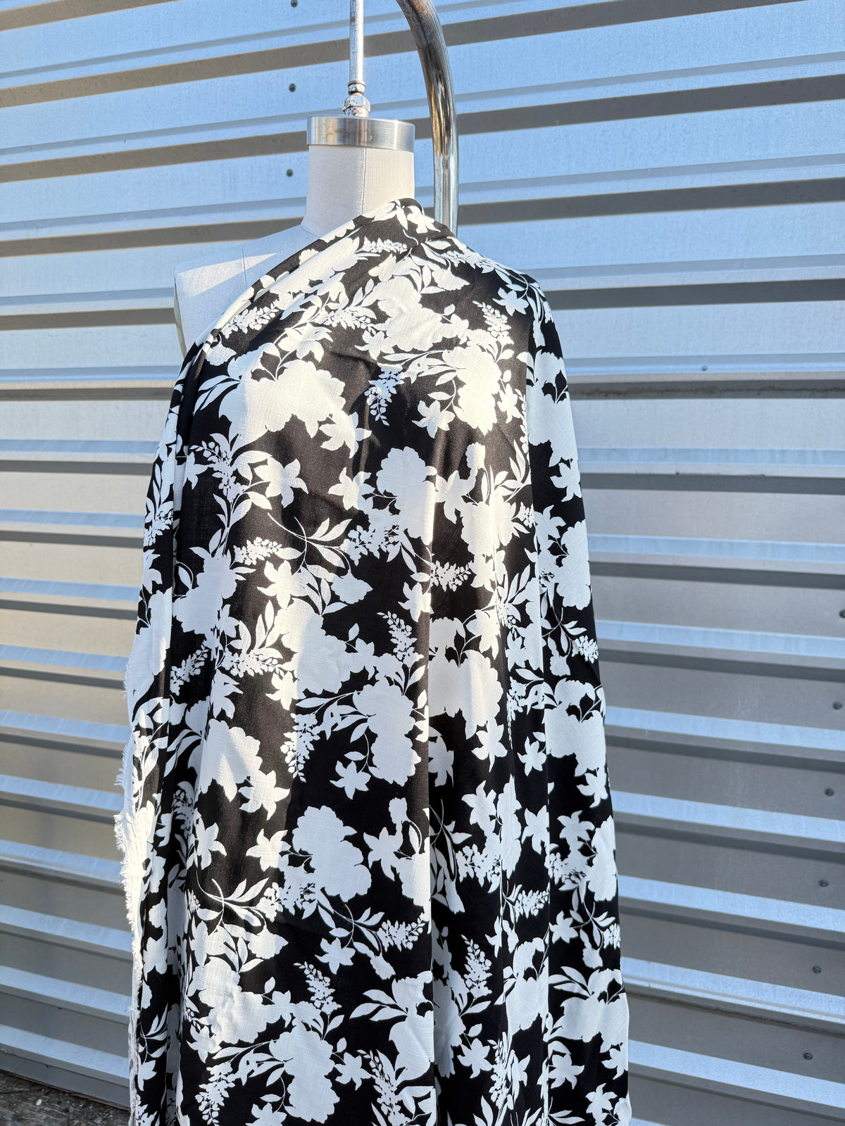 Black White Floral Textured Rayon Spandex Challis Woven "Shadow Garden"