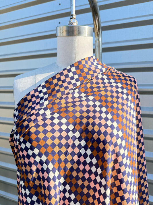 Navy Blue Pink taupe white Checker Stripe Print Polyester Crepe Woven "Checker Hall"