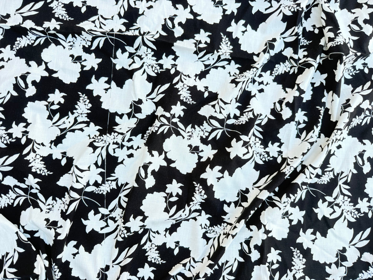 Black White Floral Textured Rayon Spandex Challis Woven "Shadow Garden"