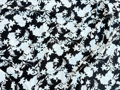 Black White Floral Textured Rayon Spandex Challis Woven "Shadow Garden"