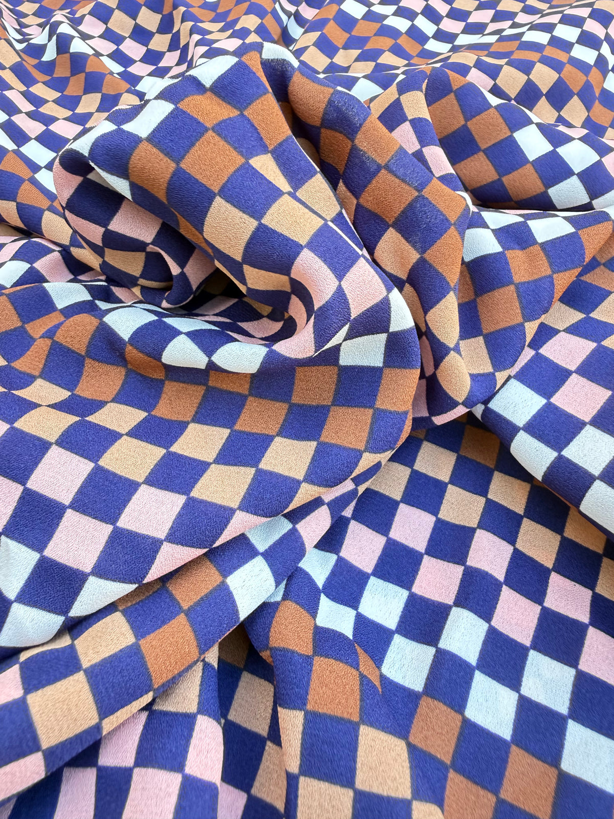 Navy Blue Pink taupe white Checker Stripe Print Polyester Crepe Woven "Checker Hall"