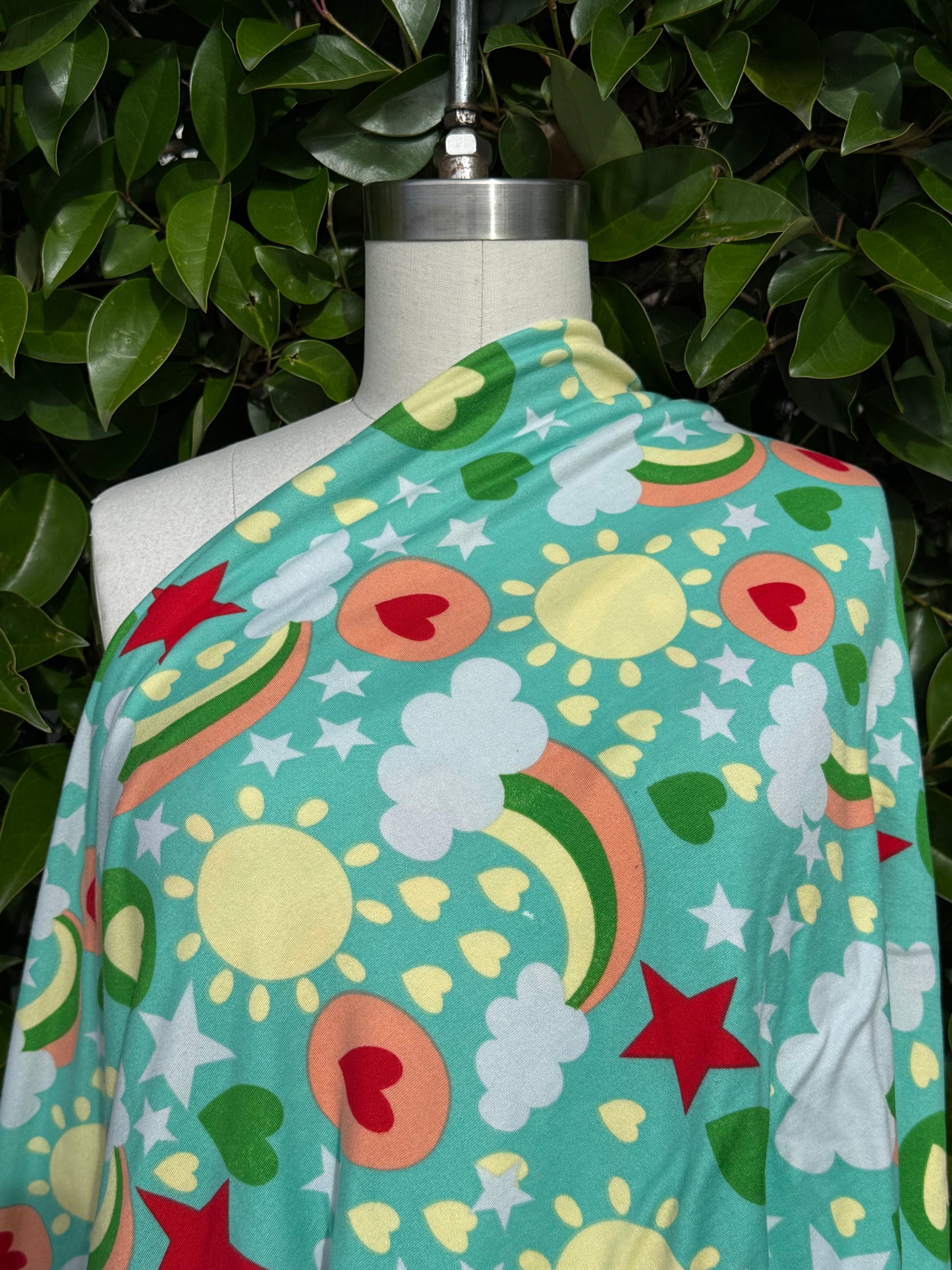 Mint Green Rainbow Cloud Star Print Polyester Spandex Brushed Jersey DTY Knit "Minty Rainbows"