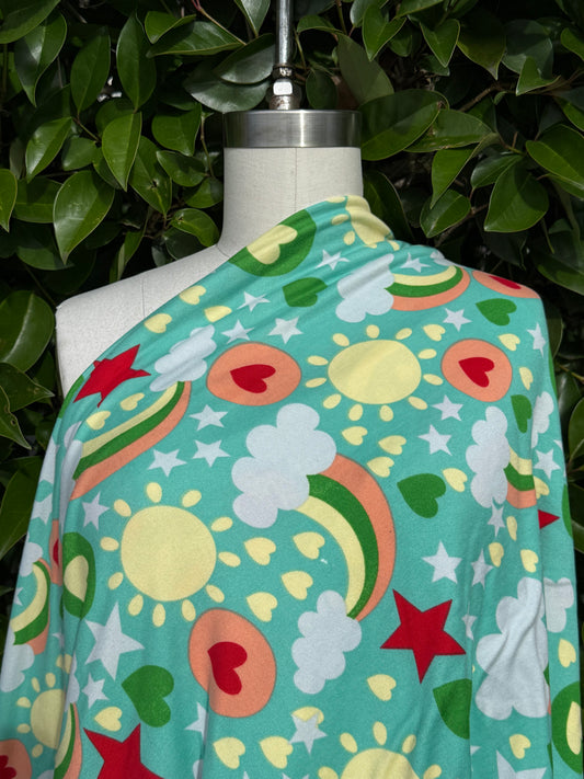 Mint Green Rainbow Cloud Star Print Polyester Spandex Brushed Jersey DTY Knit "Minty Rainbows"