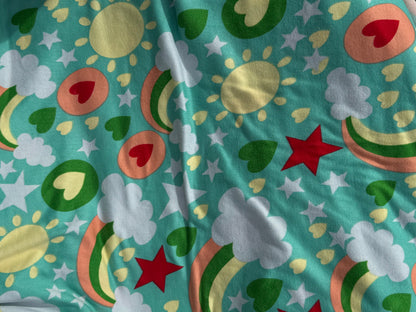 Mint Green Rainbow Cloud Star Print Polyester Spandex Brushed Jersey DTY Knit "Minty Rainbows"