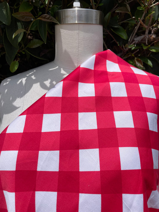 Red White Large Bias Plaid Cotton Spandex Sateen Woven "Picnic Plans"