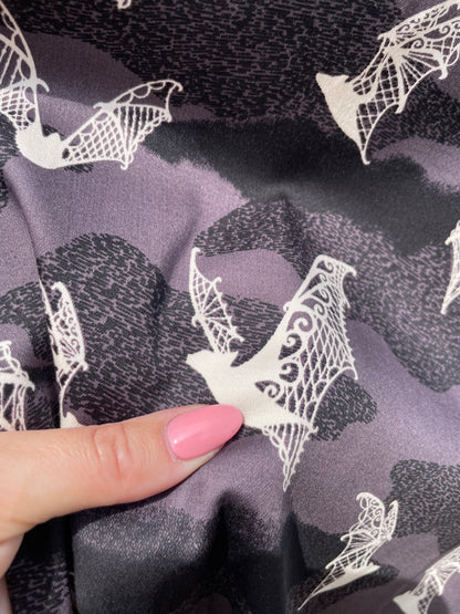 Black Grey Cream bat Animal Halloween Print Cotton/Spandex Sateen "Batty Lace"