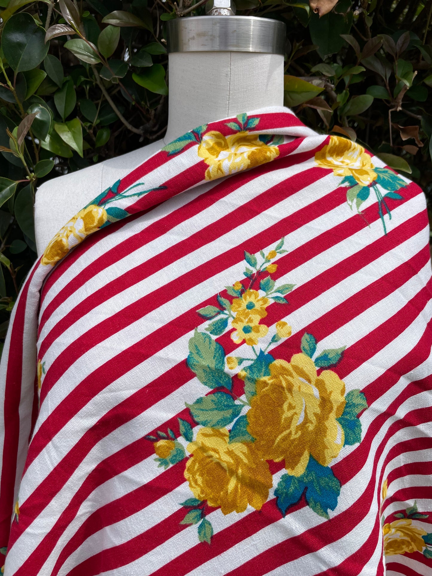 Red White Stripe Yellow Rose Floral Cottage Core Cotton/ Linen "Candy Roses"