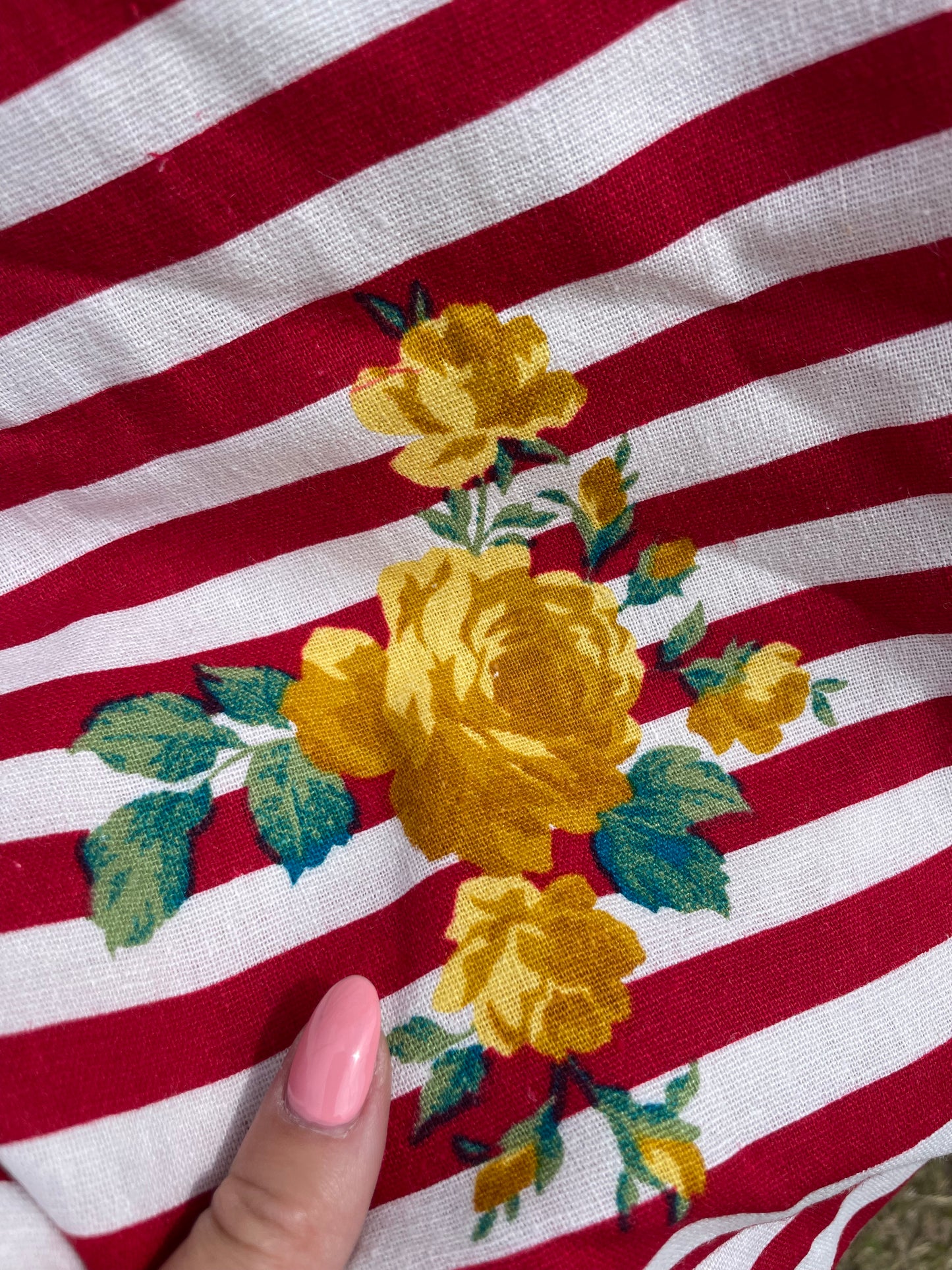 Red White Stripe Yellow Rose Floral Cottage Core Cotton/ Linen "Candy Roses"
