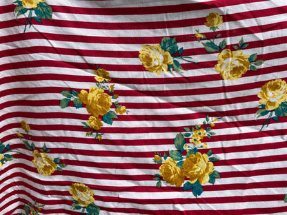 Red White Stripe Yellow Rose Floral Cottage Core Cotton/ Linen "Candy Roses"