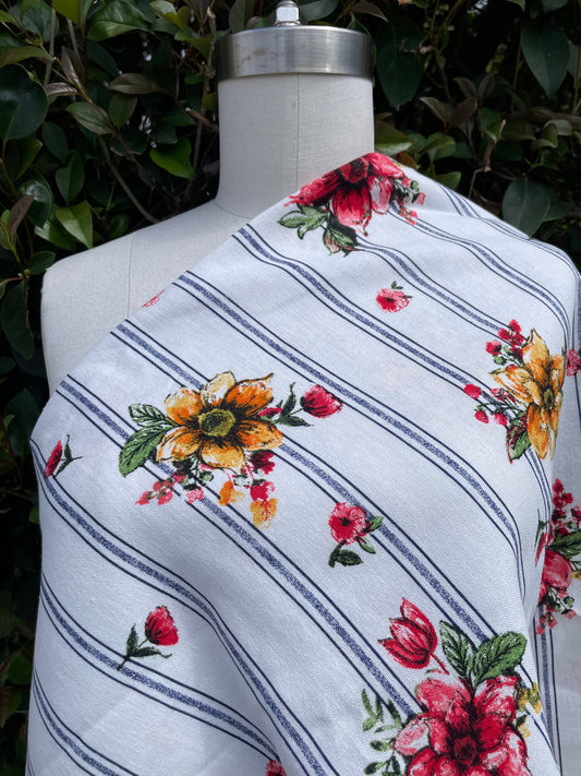White Blue Stripe Yellow Pink Floral Cottage Core Cotton/ Linen "Sunday Morning"