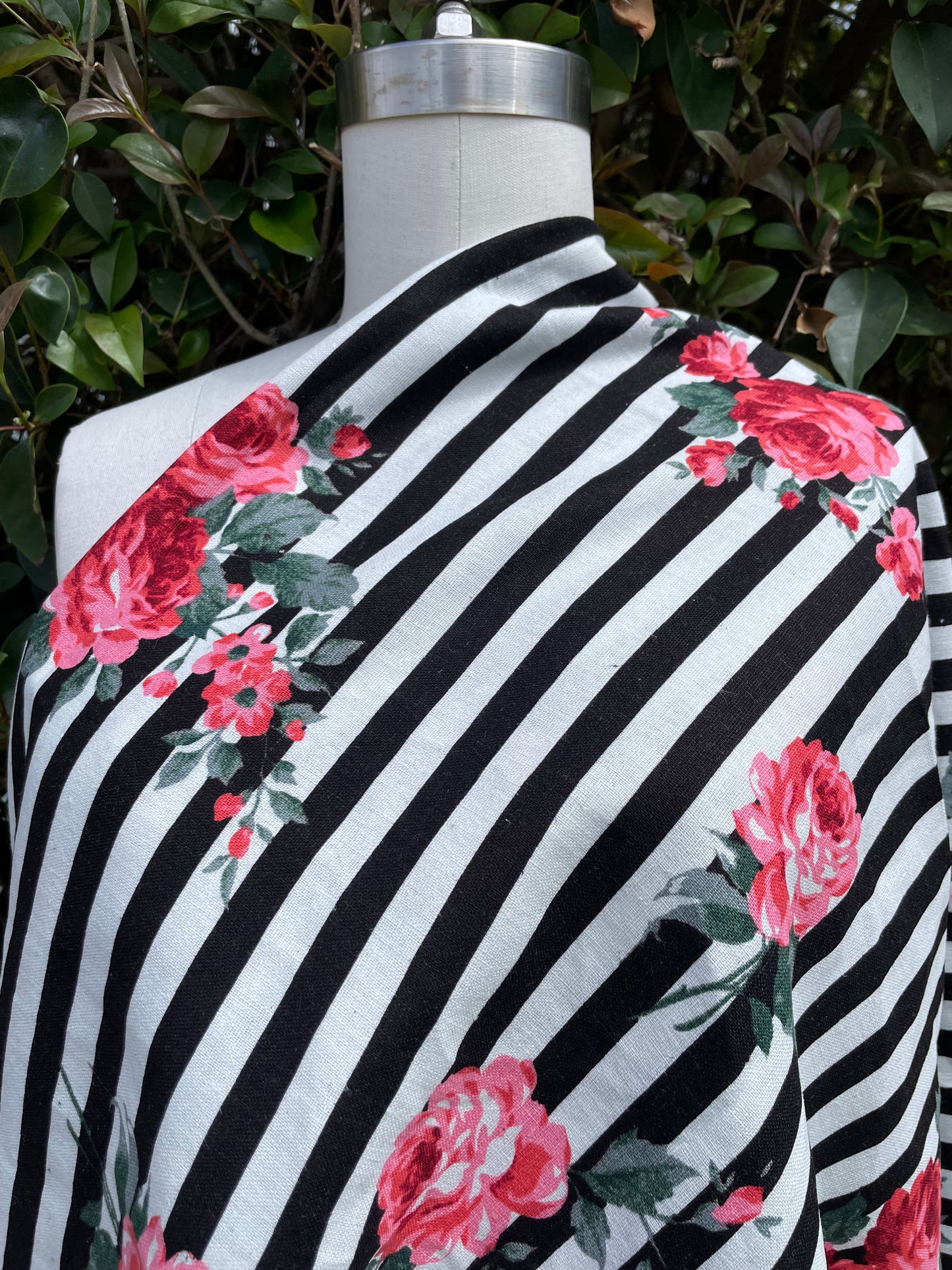 Black White Stripe Pink Rose Floral Cottage Core Cotton/ Linen "Barbie's Beach Towel"