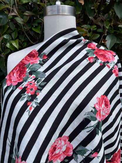Black White Stripe Pink Rose Floral Cottage Core Cotton/ Linen "Barbie's Beach Towel"