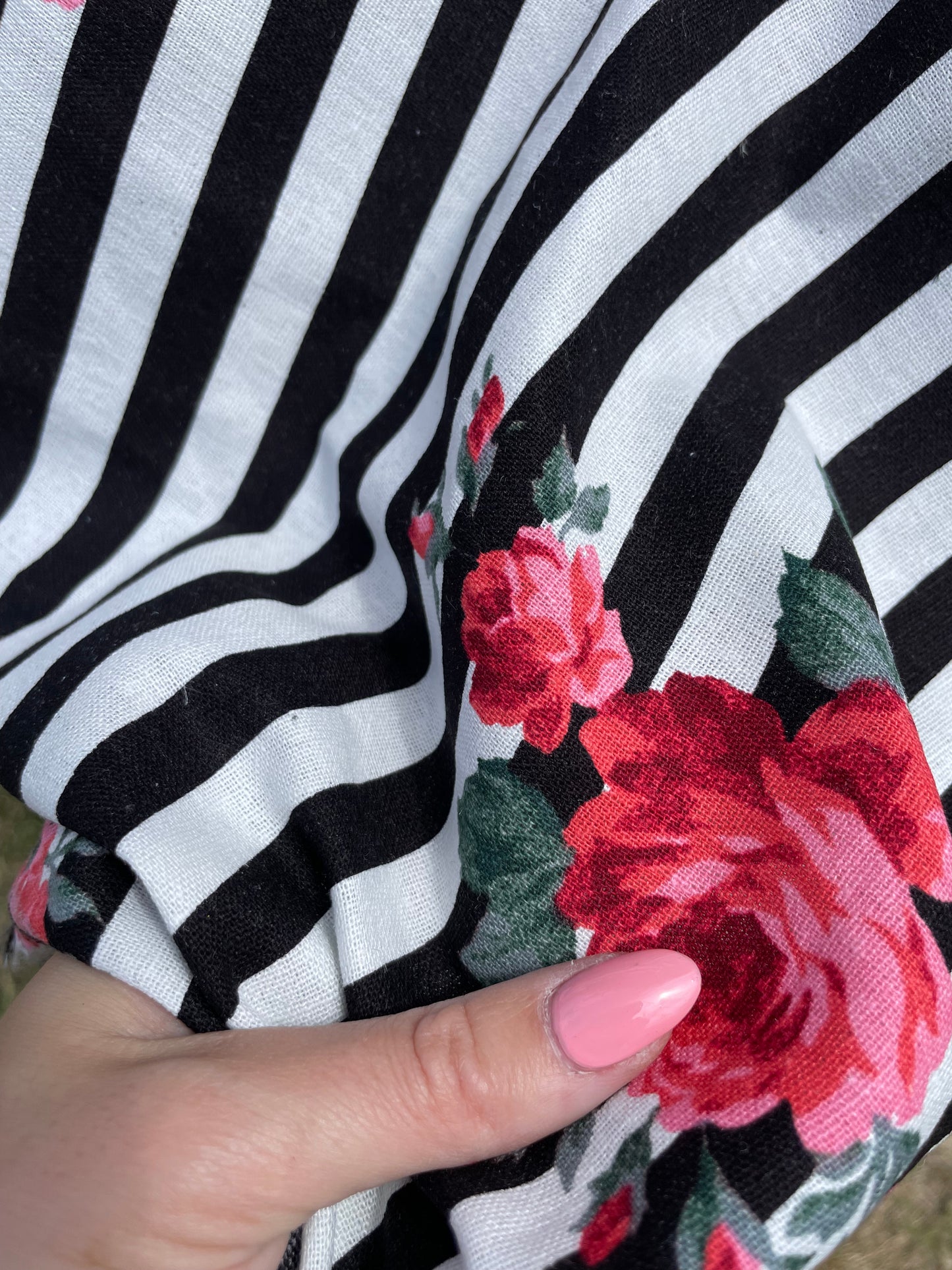 Black White Stripe Pink Rose Floral Cottage Core Cotton/ Linen "Barbie's Beach Towel"