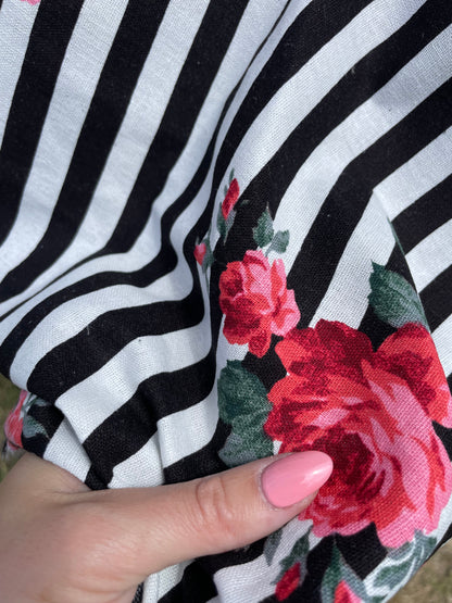 Black White Stripe Pink Rose Floral Cottage Core Cotton/ Linen "Barbie's Beach Towel"