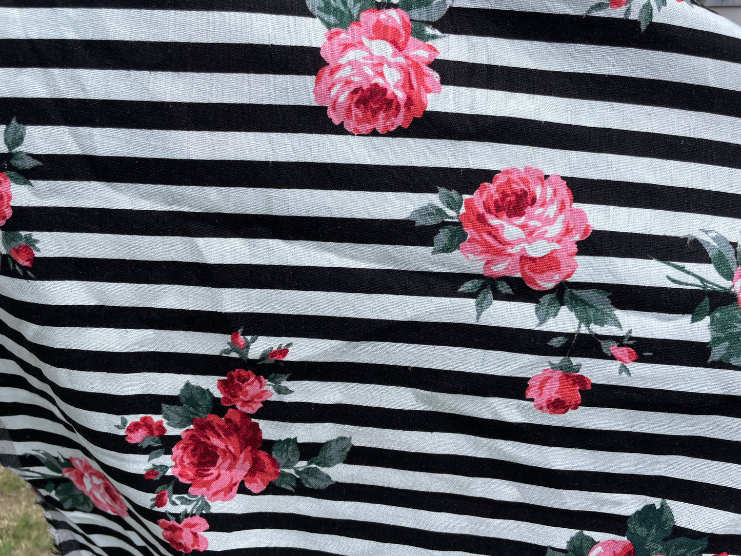 Black White Stripe Pink Rose Floral Cottage Core Cotton/ Linen "Barbie's Beach Towel"