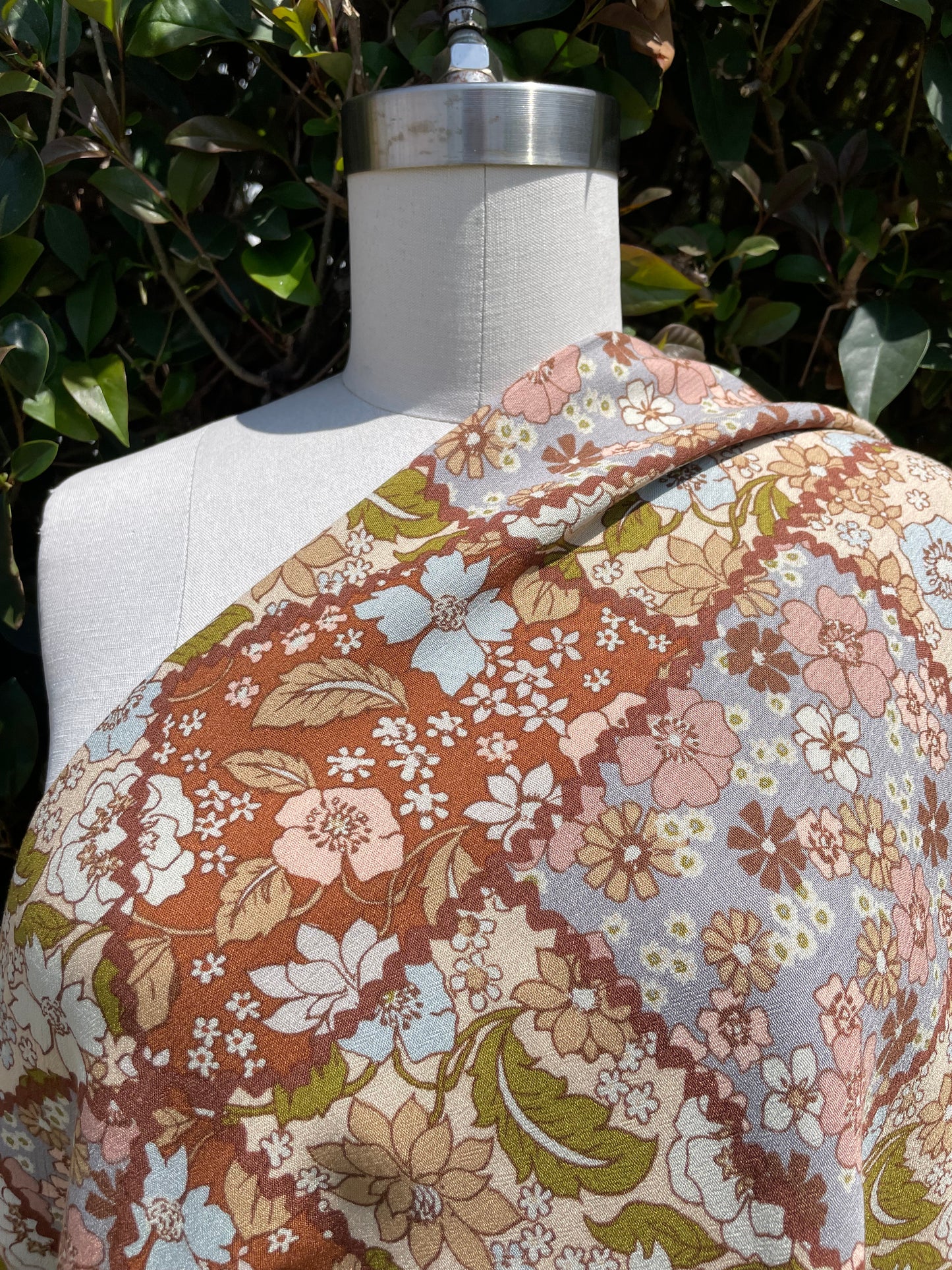 Brown Blue Pink Olive Patchwork Floral Print Soft Rayon Crepe "Messy Dolly"