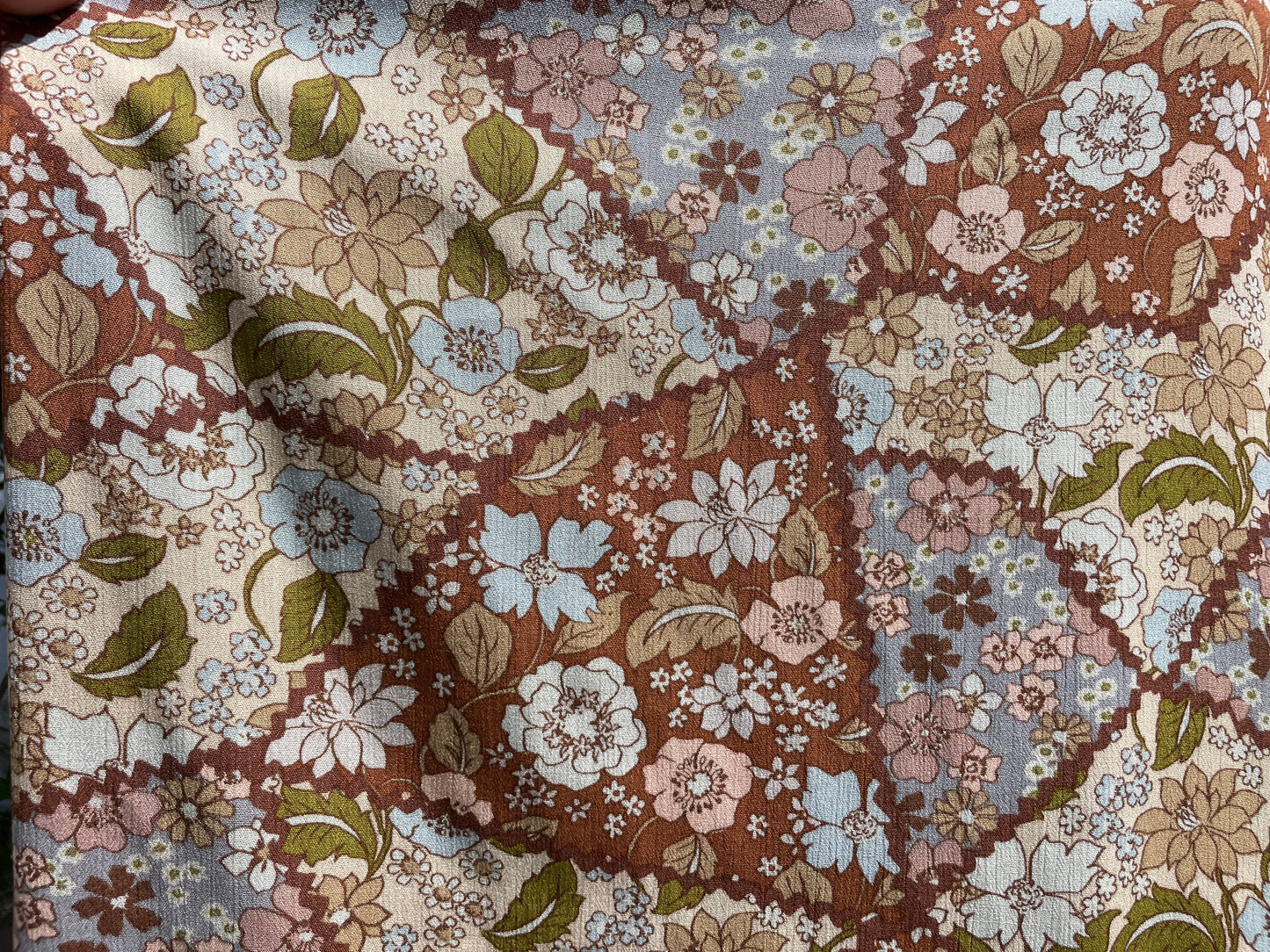 Brown Blue Pink Olive Patchwork Floral Print Soft Rayon Crepe "Messy Dolly"
