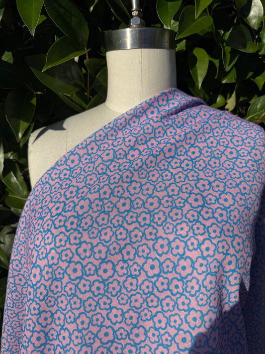 Blue Pink Daisy Print Rayon Polyester Woven "Bubble Gum Garden"