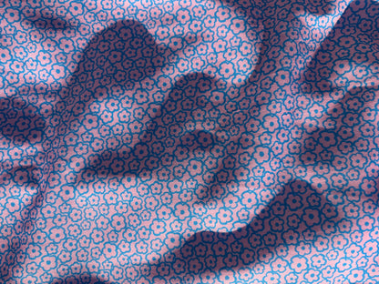 Blue Pink Daisy Print Rayon Polyester Woven "Bubble Gum Garden"