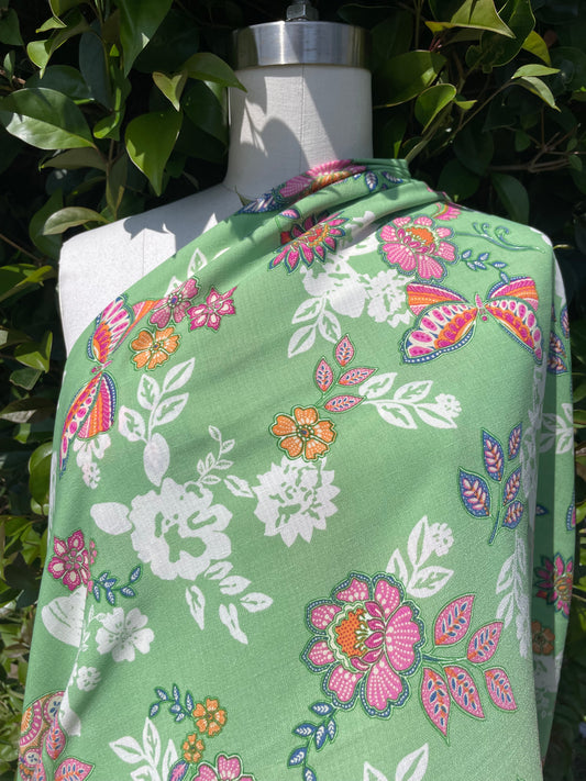 Lime Green Blue Pink Butterfly Floral Print Polyester Crepe "Summer Wings"