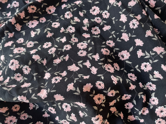 Black Pink Ditsy Daisy Floral Rayon Crepe "Jessica's Moment"
