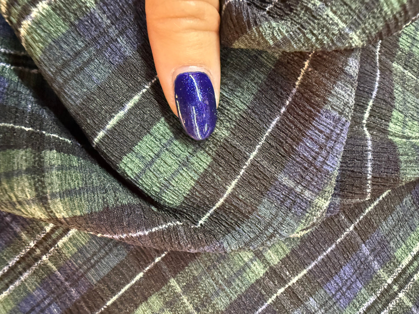 Navy Blue Black Green Crinkle Plaid Polyester Woven "Spirited Teen"