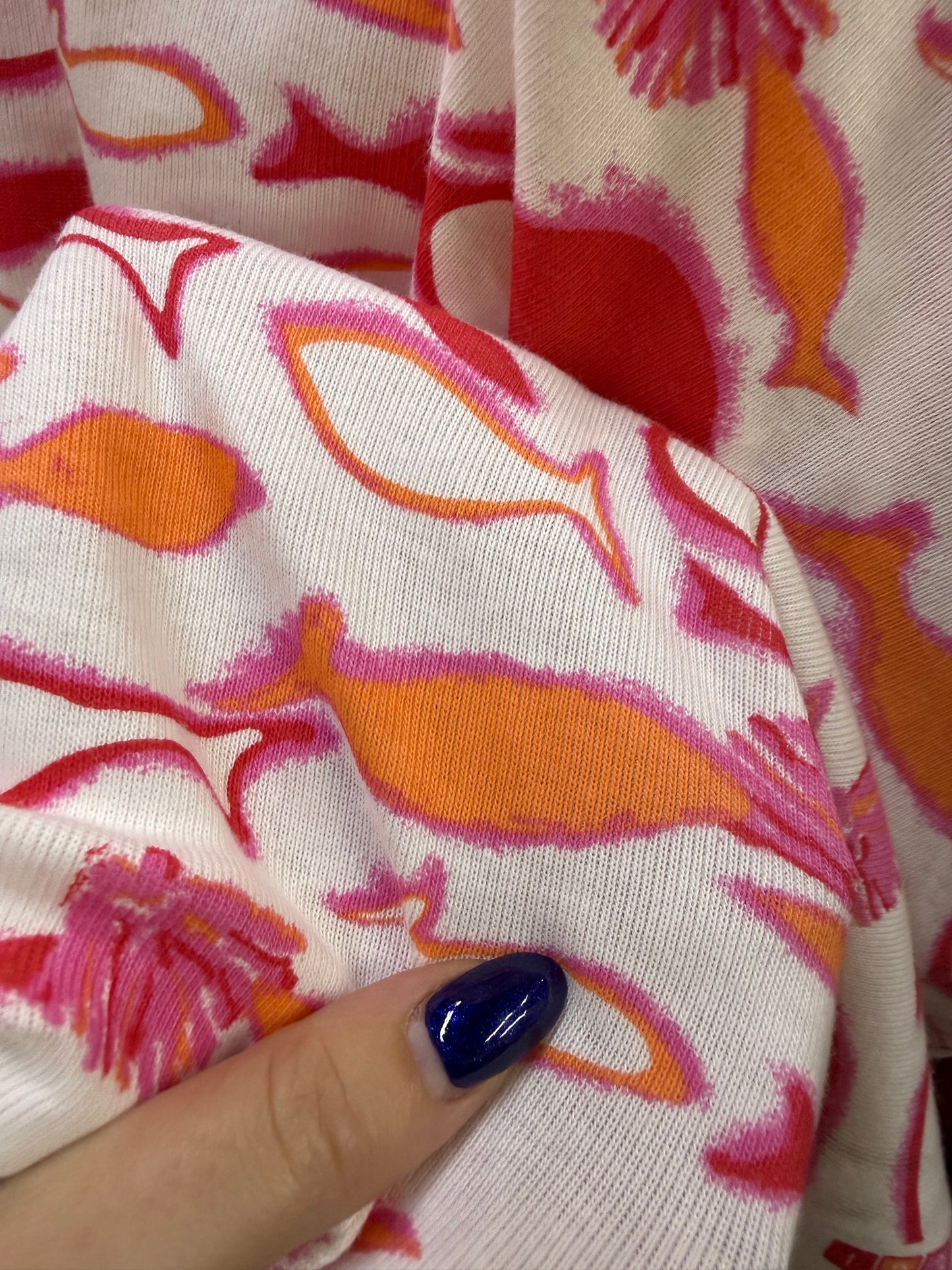 Pink Orange Fish Print Cotton Baby Rib 1x1 Knit "Swimming Crew"