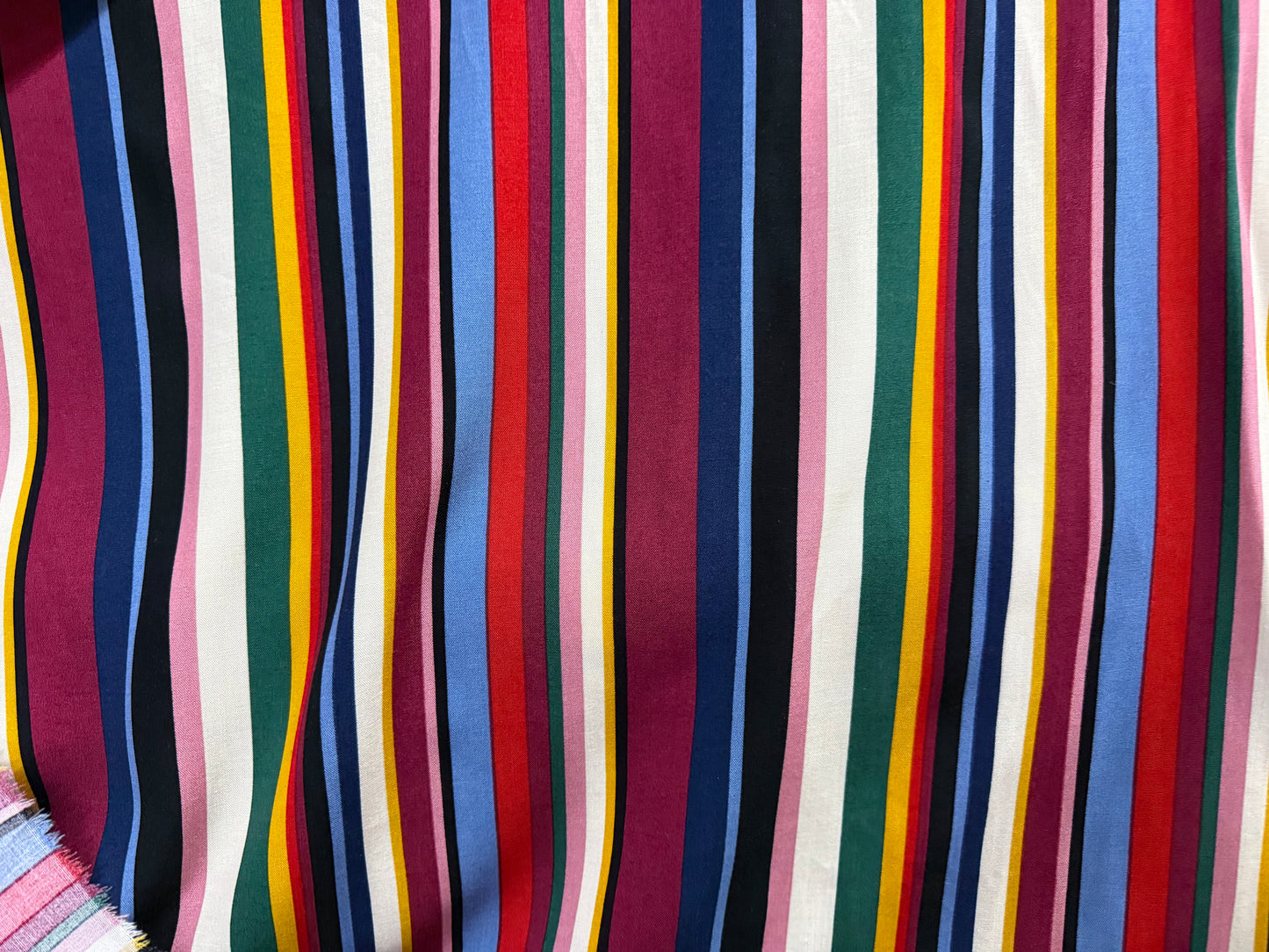 Multi Color Stripe Red Pink Blue Green  Rayon Challis Woven "Leslie Summer"