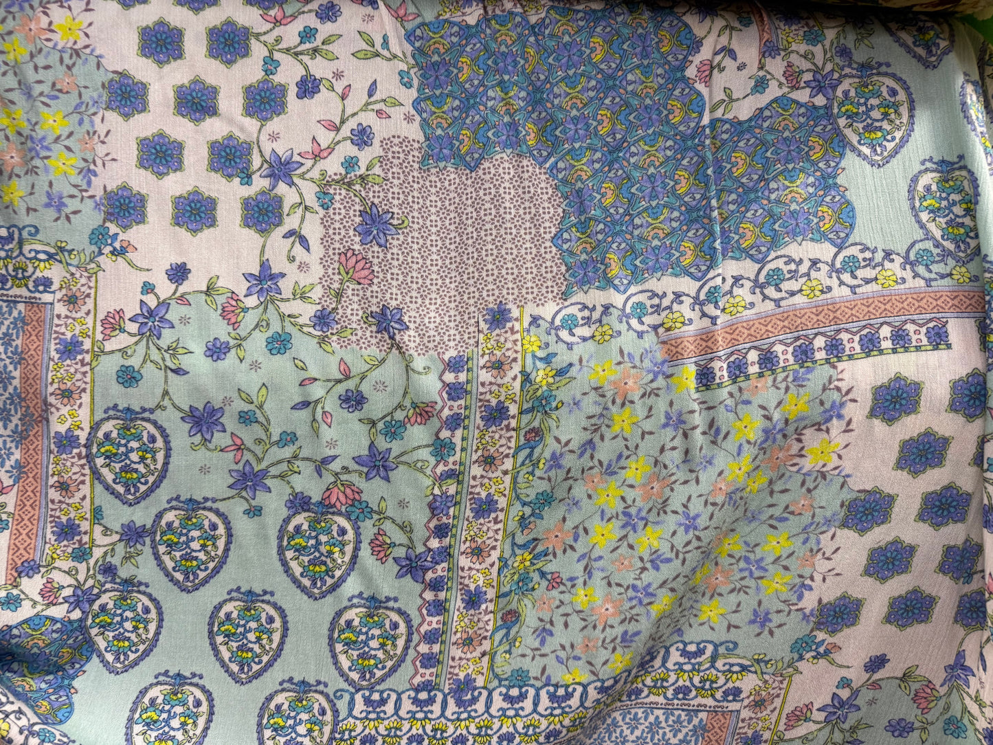 Pastel Blue Pink Boho Paisley Floral Print Rayon Crepe " Easter Glamping"