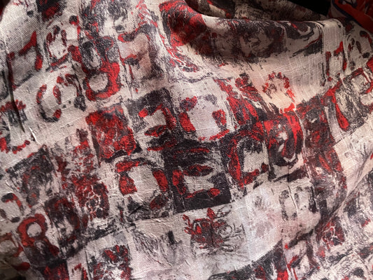 Red Grey Abstract Sheer Gauze Rayon "Grey Says and Red Shoes"