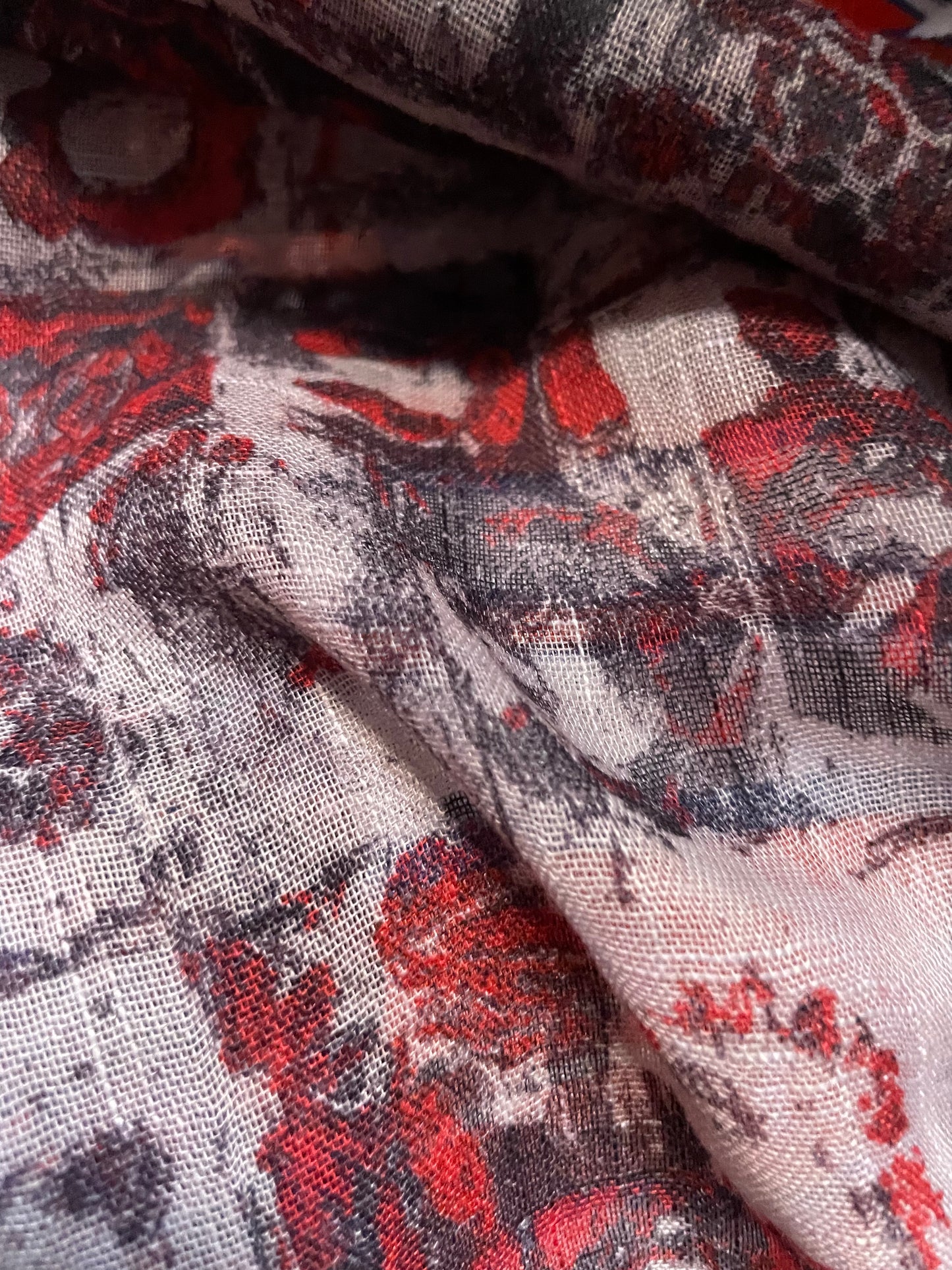 Red Grey Abstract Sheer Gauze Rayon "Grey Says and Red Shoes"