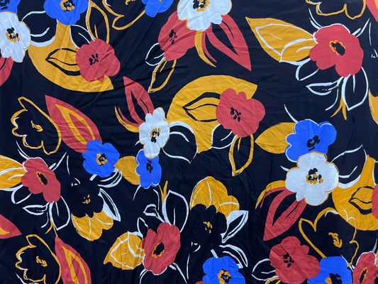 Graphic Florals Red Gold Blue Rayon Challis Modern Print "Mrs. Bloom"