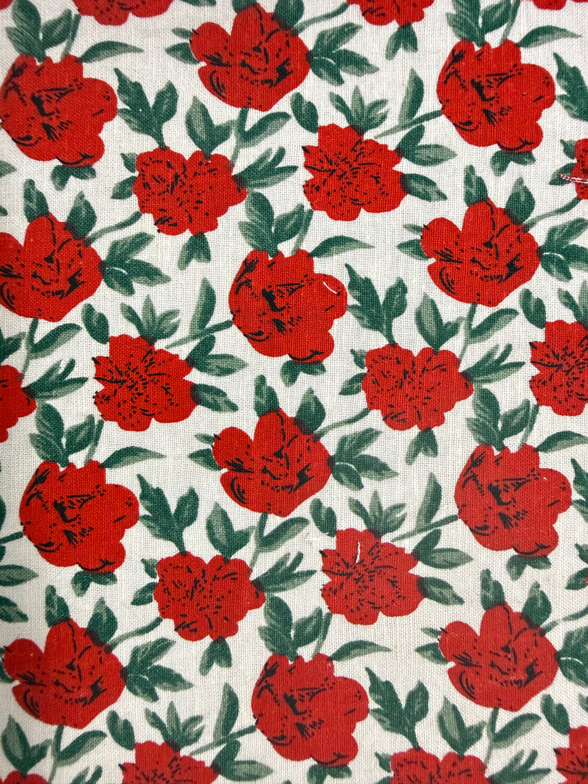 Red Rose White Green Print Cotton Linen Fabric "Juliet"