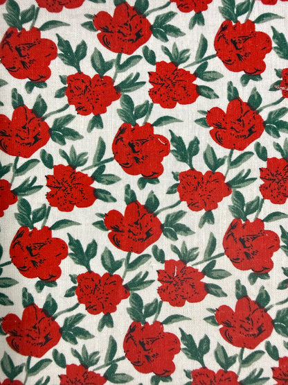 Red Rose White Green Print Cotton Linen Fabric "Juliet"