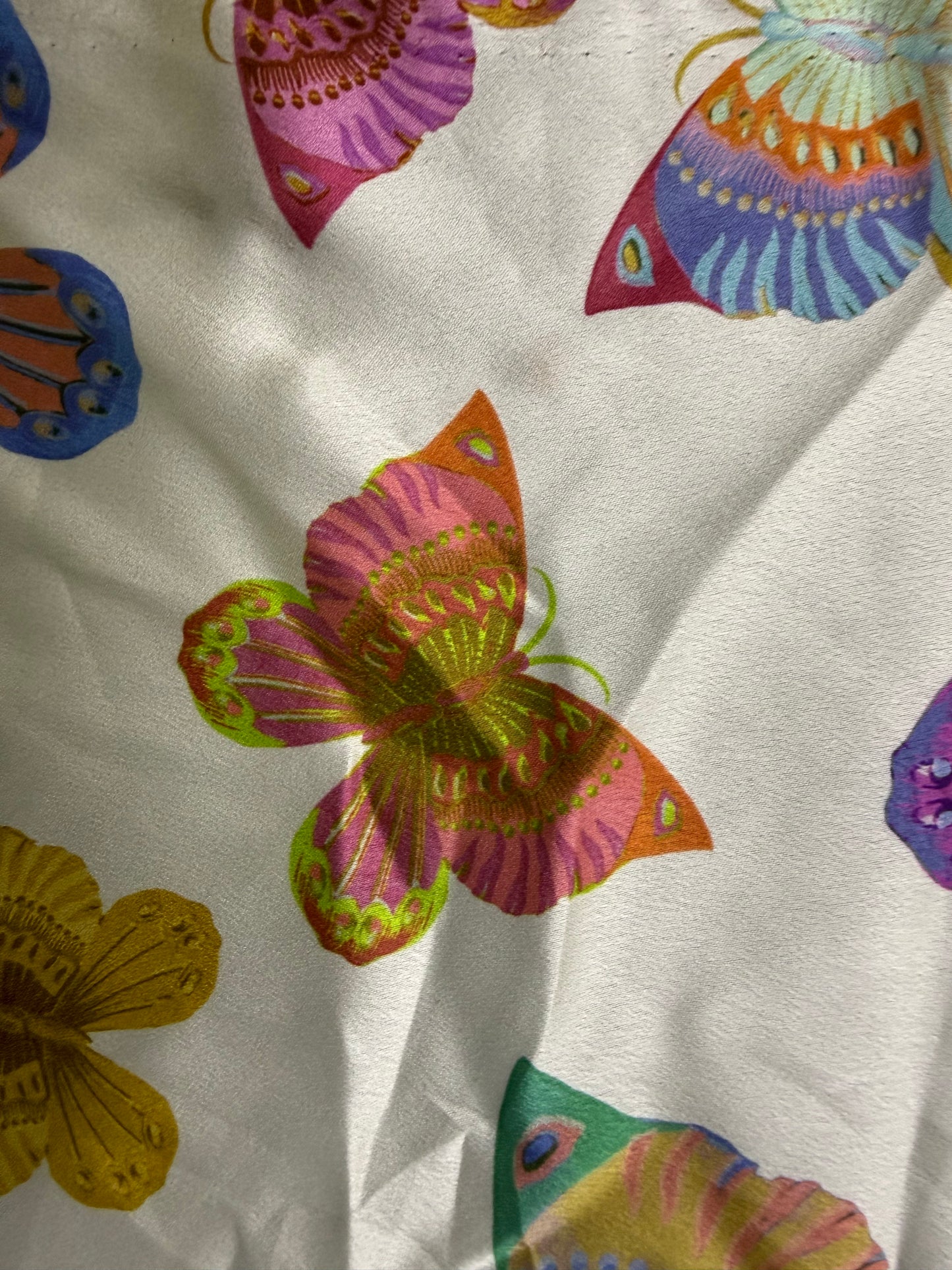 Ivory Multi Color Butterfly Print Polyester Charmeuse Woven “Flying High"