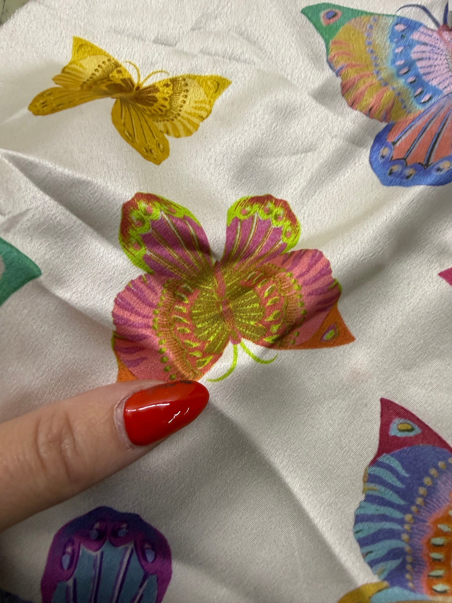 Ivory Multi Color Butterfly Print Polyester Charmeuse Woven “Flying High"