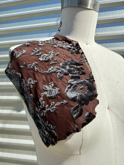 Brown Navy Floral Burnout Polyester Spandex Stretch Velvet Knit "Lenore"