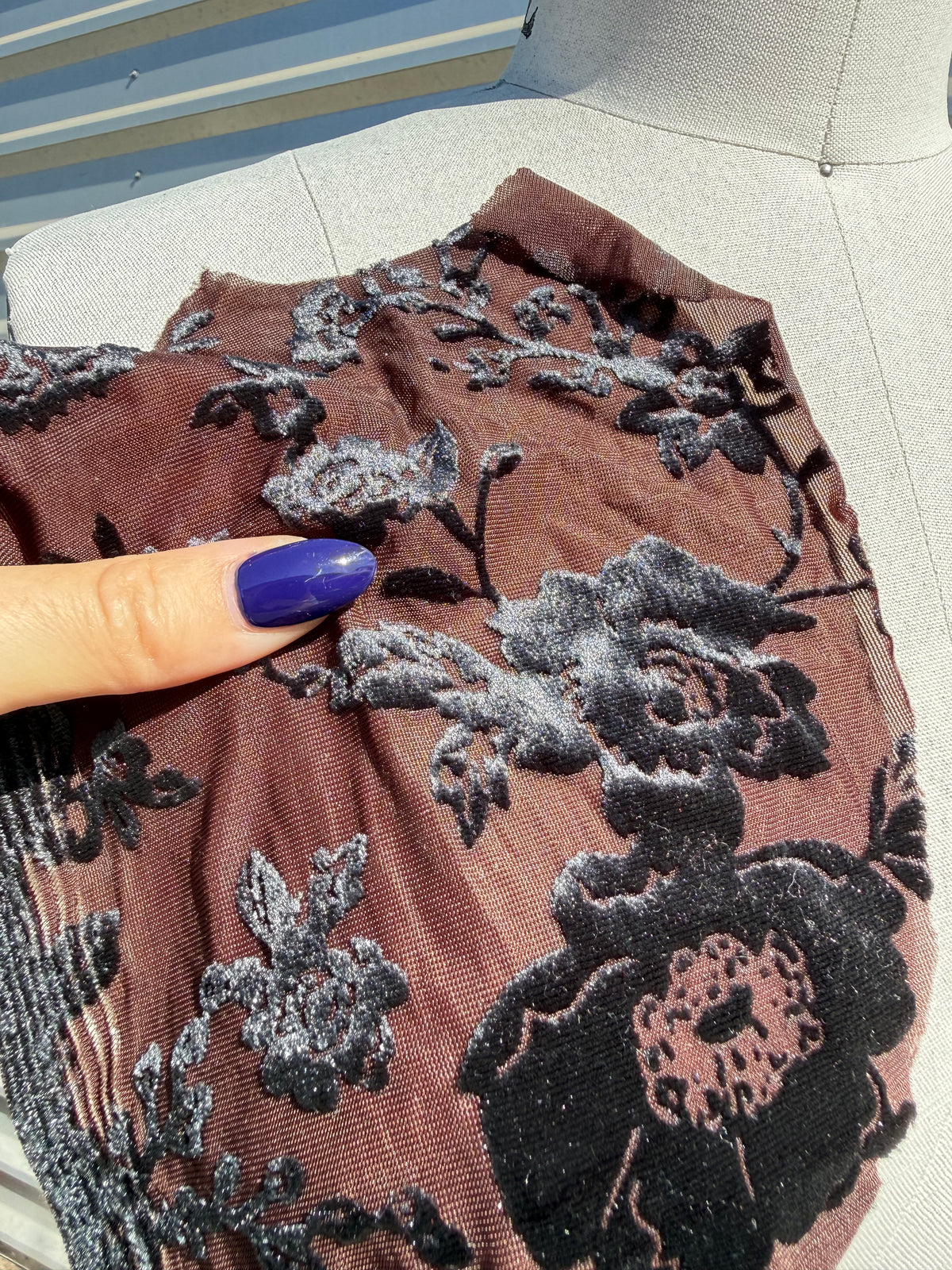 Brown Navy Floral Burnout Polyester Spandex Stretch Velvet Knit "Lenore"