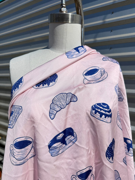 Pink Navy Donut Coffee Print Rayon Satin Woven “Glazed and Amused"