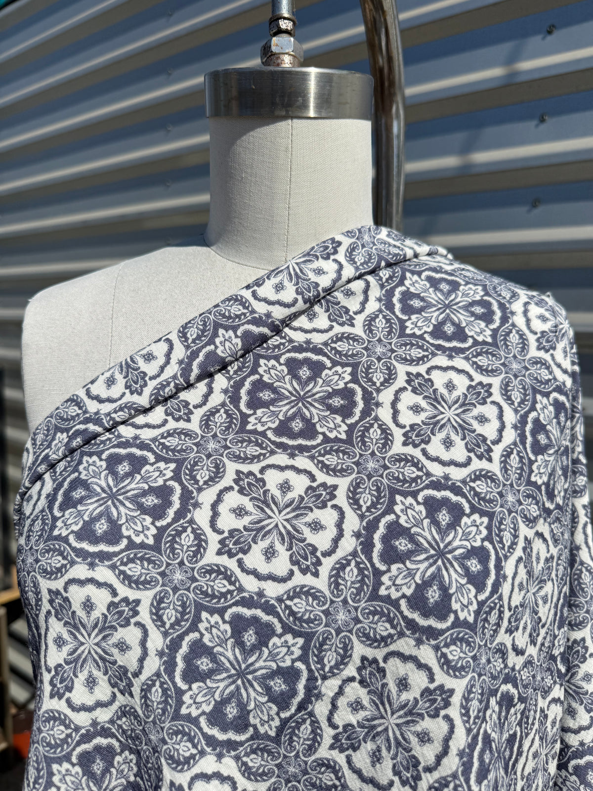 White Blue Floral Tile  Print Rayon Twill Challis Woven "Give a Damask"