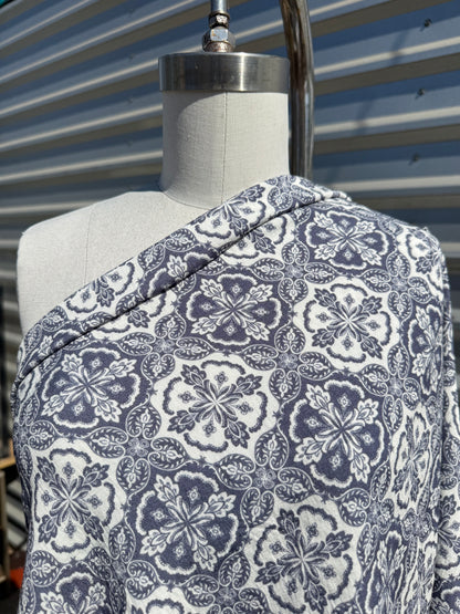 White Blue Floral Tile  Print Rayon Twill Challis Woven "Give a Damask"