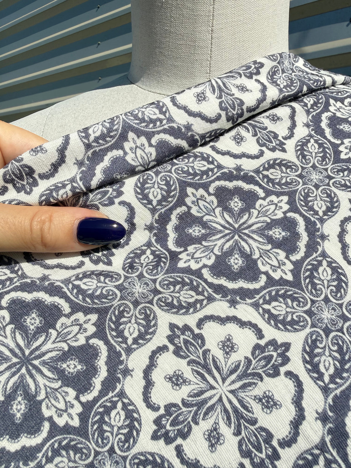 White Blue Floral Tile  Print Rayon Twill Challis Woven "Give a Damask"