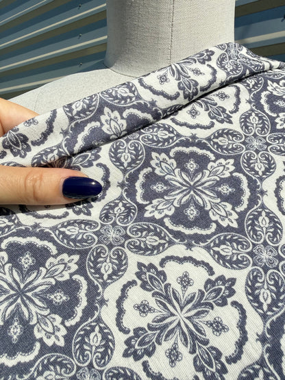 White Blue Floral Tile  Print Rayon Twill Challis Woven "Give a Damask"