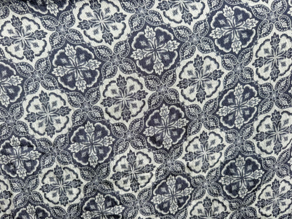 White Blue Floral Tile  Print Rayon Twill Challis Woven "Give a Damask"