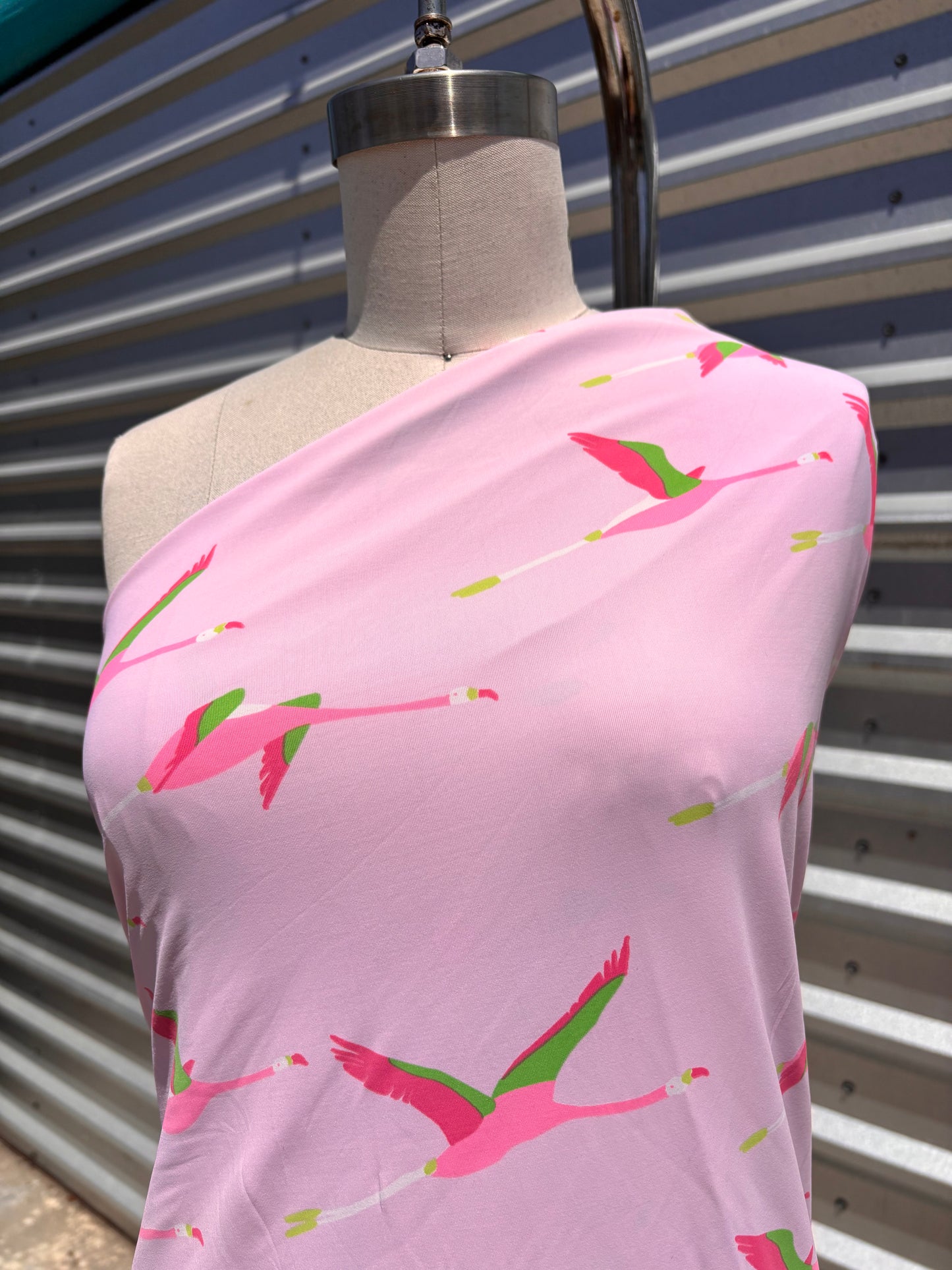 Pink Flying Flamingo Bird Print Nylon Spandex Swim Knit "Just Winging It"