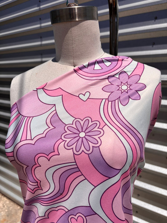 Purple Blue Pink Retro Butterfly Heart Print Nylon Spandex Swim Knit "Cloud Swimmer"