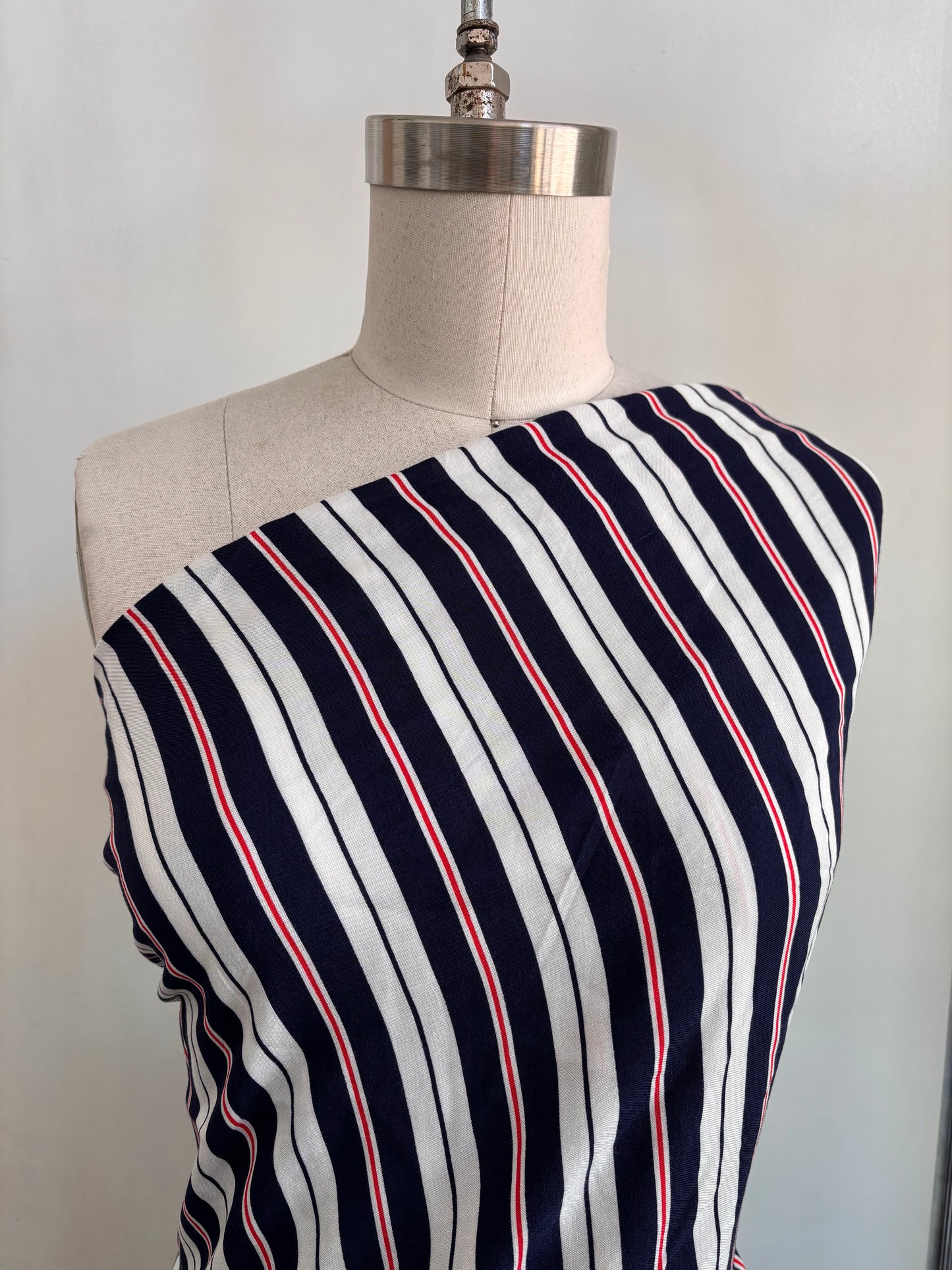 White Navy Red Stripe Print Rayon Challis Woven "Boardwalk"