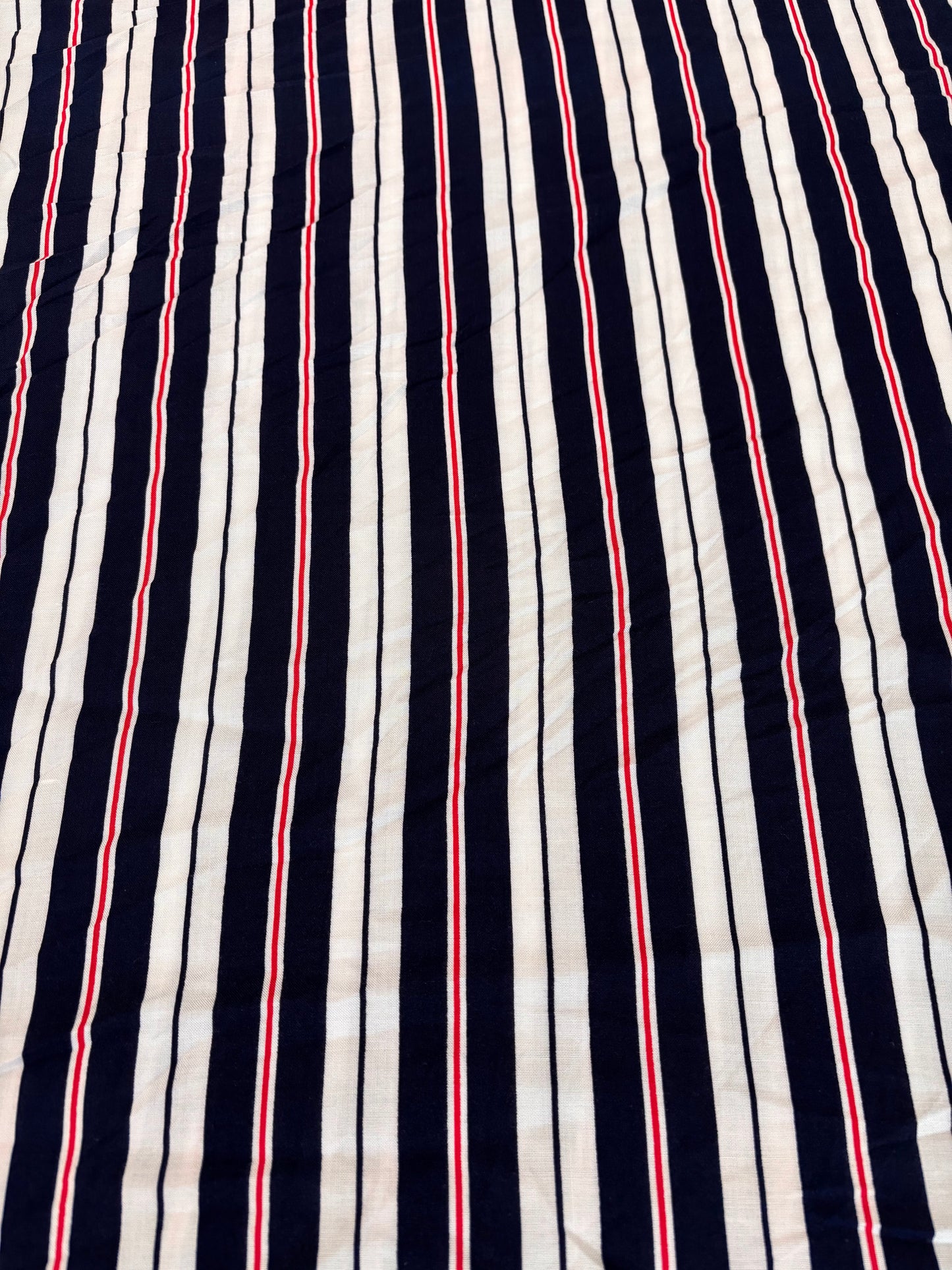 White Navy Red Stripe Print Rayon Challis Woven "Boardwalk"