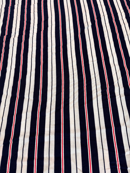 White Navy Red Stripe Print Rayon Challis Woven "Boardwalk"